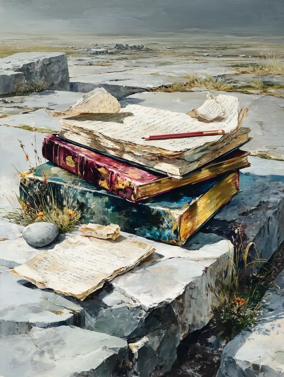 Loose handwritten pages weighted on a flat stone slab outdoors with a red pencil resting across them, bare rock and open grey sky behind.