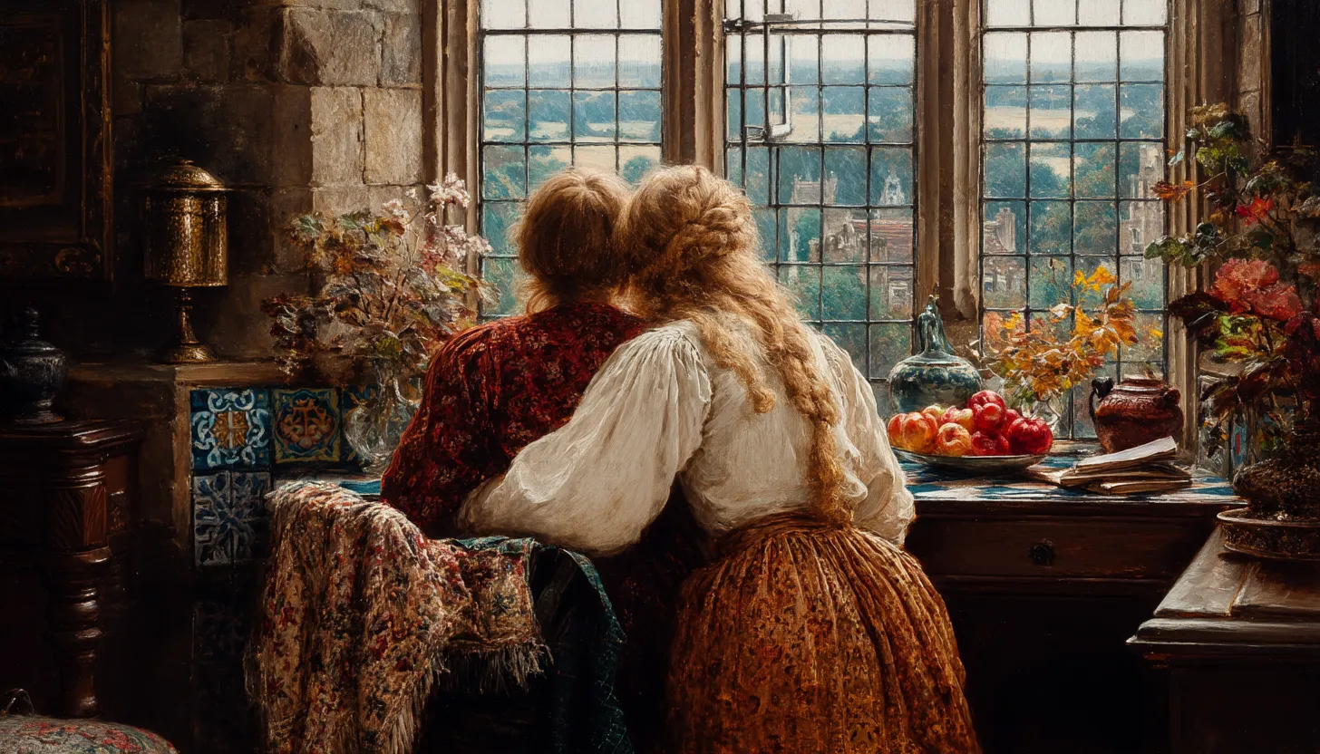Two adults seen from behind standing close together at a tall leaded window, one arm around the other, looking out over open country.
