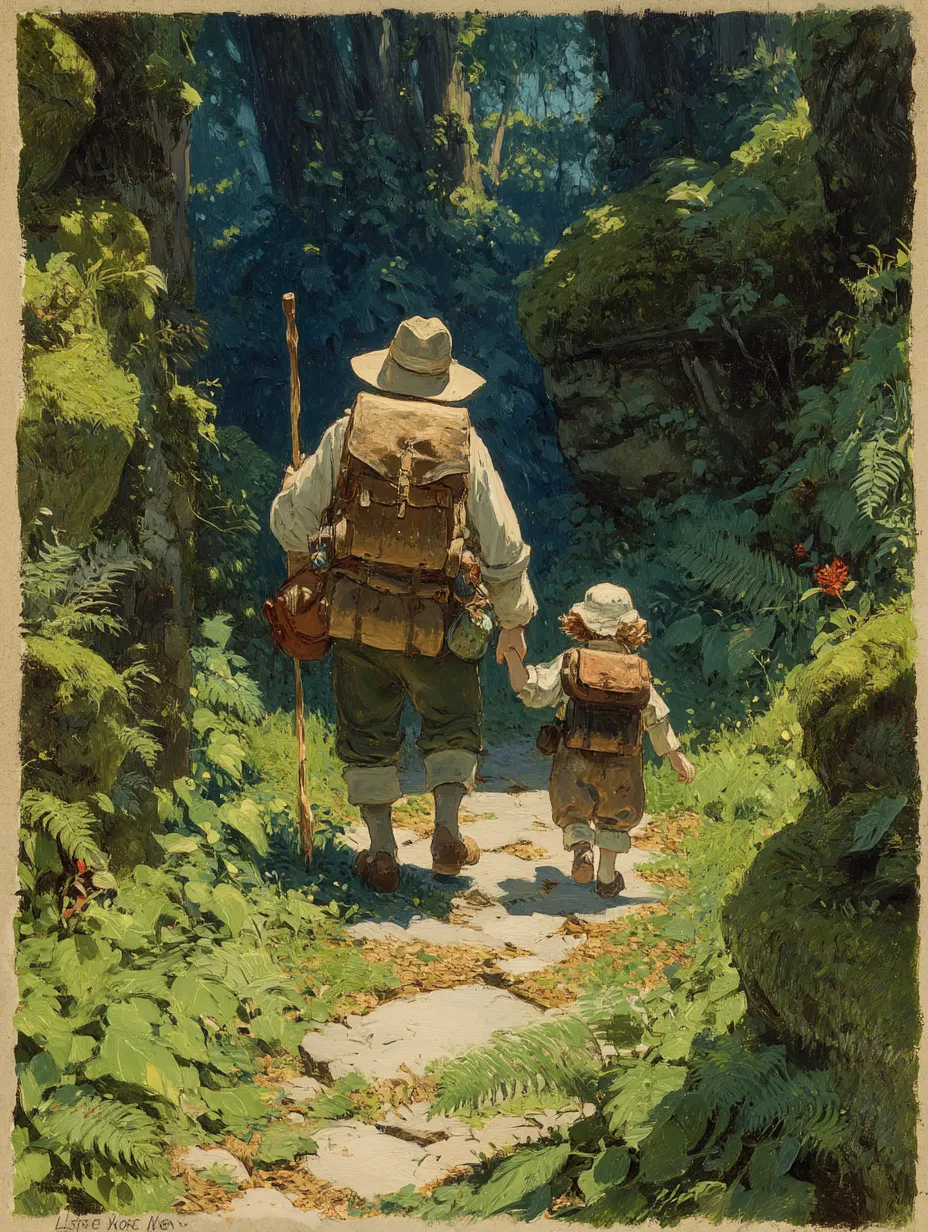 An adult and a small child seen from behind, walking hand in hand down a sunlit forest trail, both carrying packs.