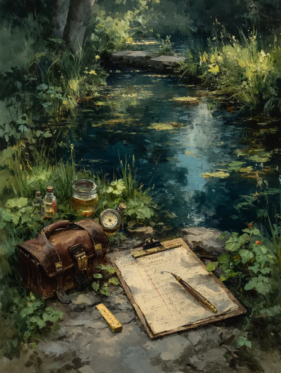 A clipboard of handwritten readings and a pen on a creek bank beside a leather satchel, sample bottles and a brass gauge.