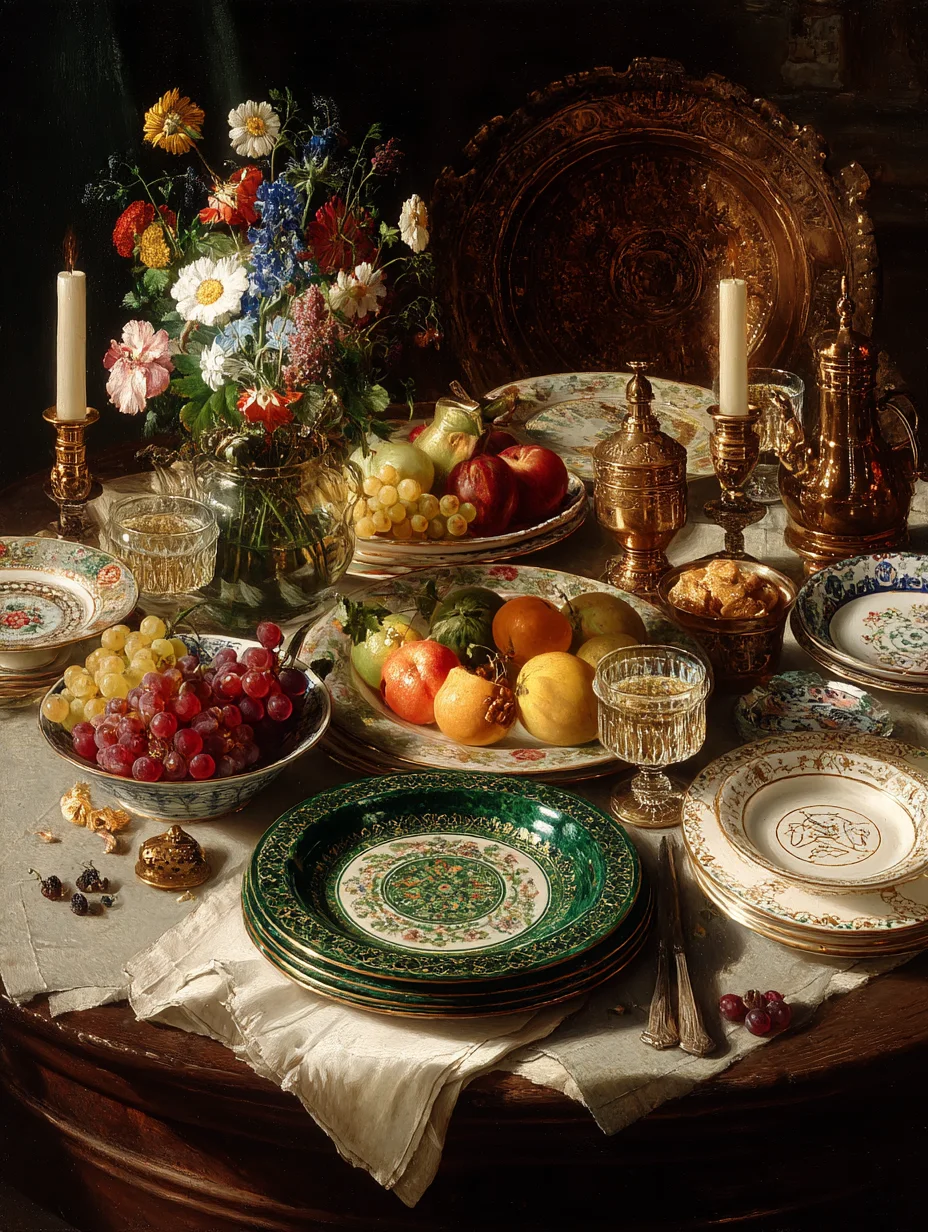 A laid dinner table in warm lamplight, stacked patterned plates, bowls of fruit, cut glass and a jug of wildflowers, with two candles burning and no one seated.