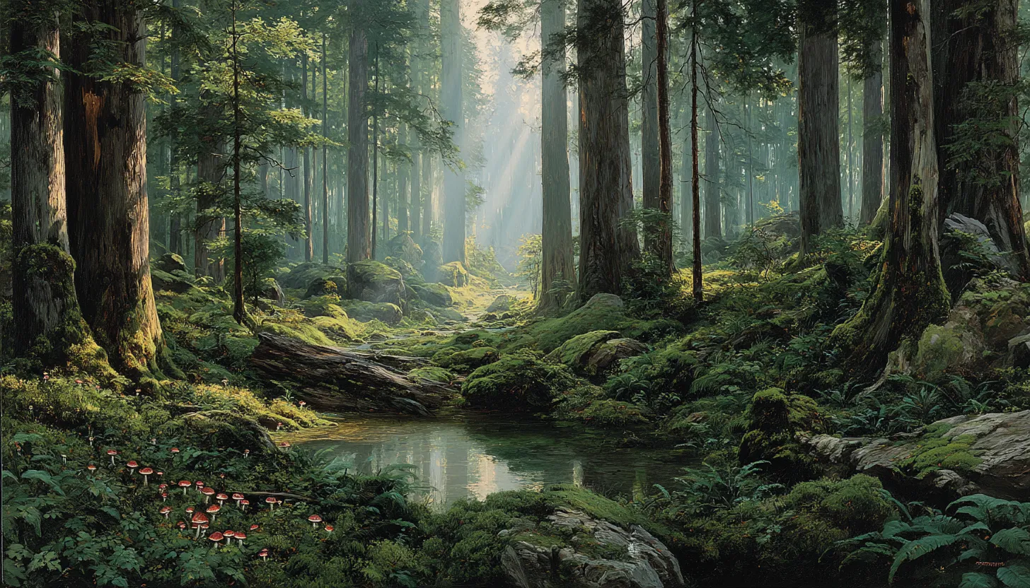 A dense old growth forest interior at dawn, tall straight trunks rising like columns through low mist.