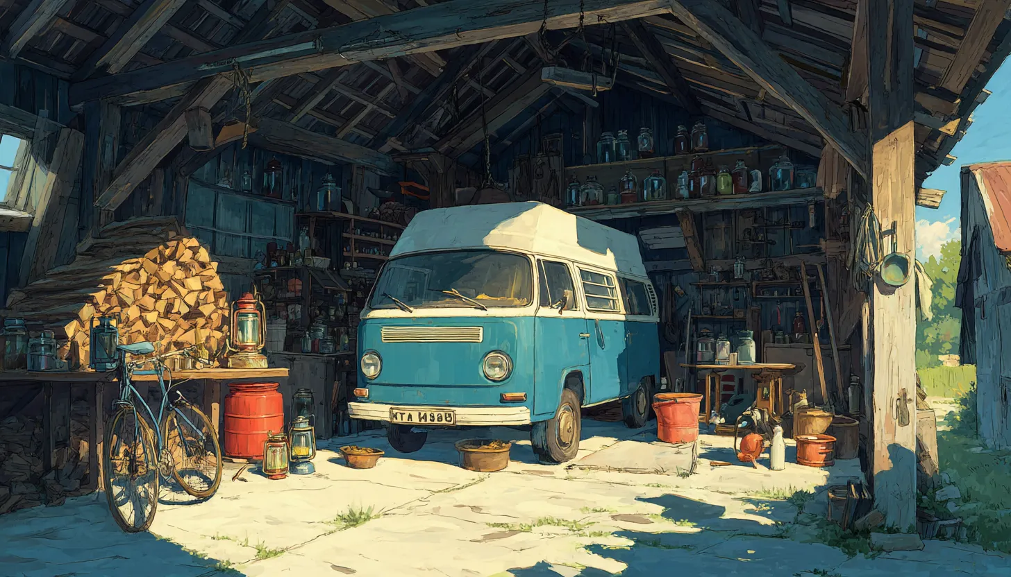 A blue and white camper van parked inside a timber barn, split firewood stacked beside it, preserving jars on a shelf and a child's bicycle leaning nearby.