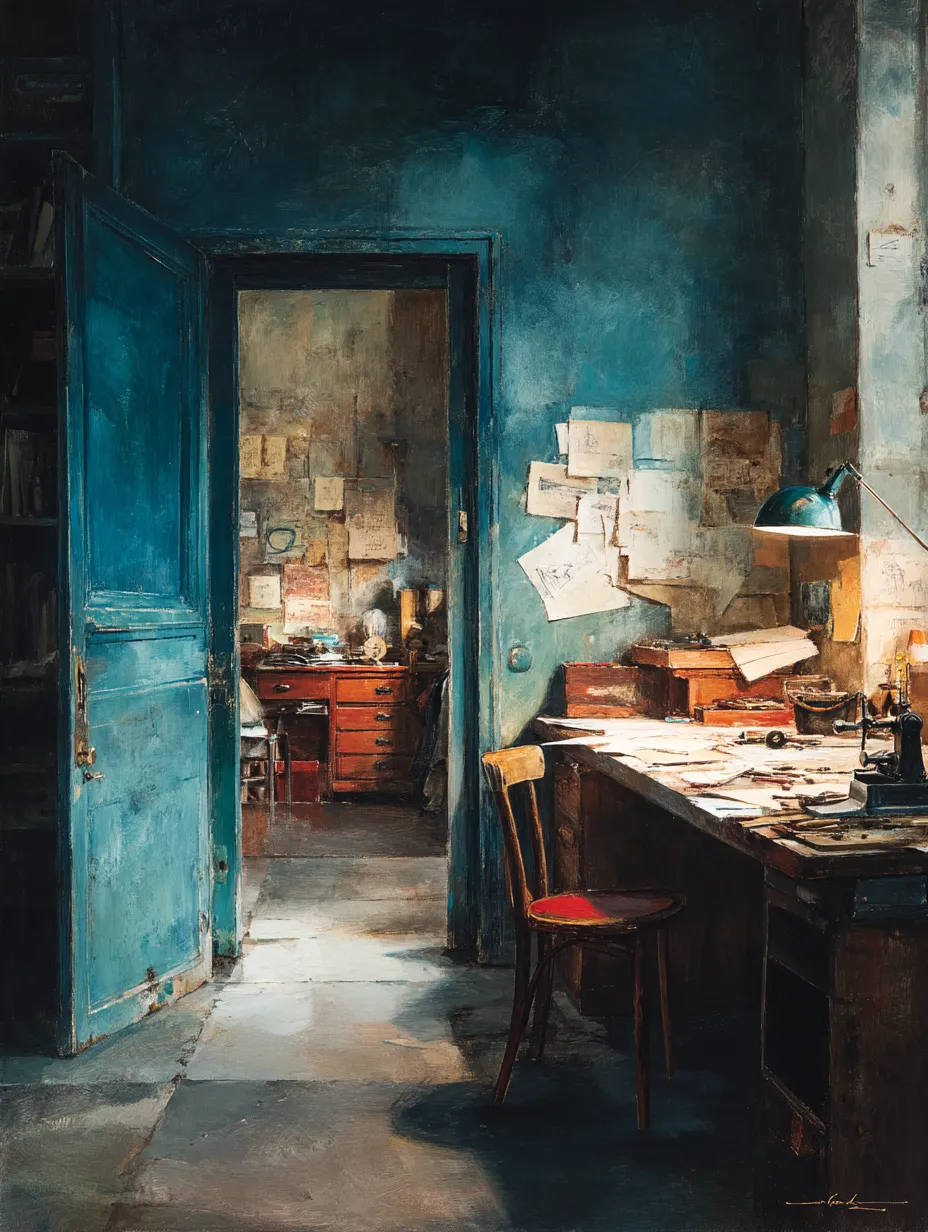 A view through an open blue door into a second working room, a lit bench with pinned drawings and a desk lamp on one side and a desk beyond.