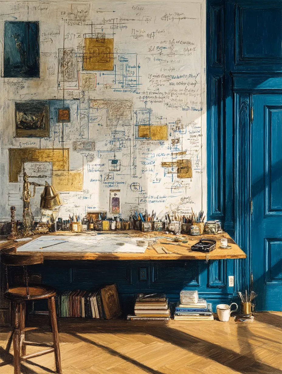 A large working wall covered in diagrams and notes with several panels painted over and redrawn, above a wide desk of pens and inks.