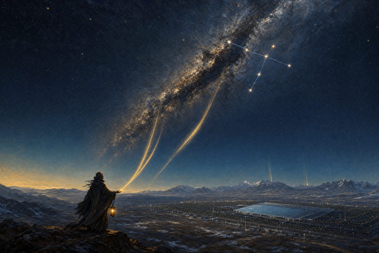 A lone cloaked figure with a lantern on a dark high plateau gazes up at Cygnus the Swan along the Milky Way; ancient golden ribbons of supernova light reach the ground, two already glowing in the figure's hand, two still distant, beneath a faint warm-to-cool sky gradient.