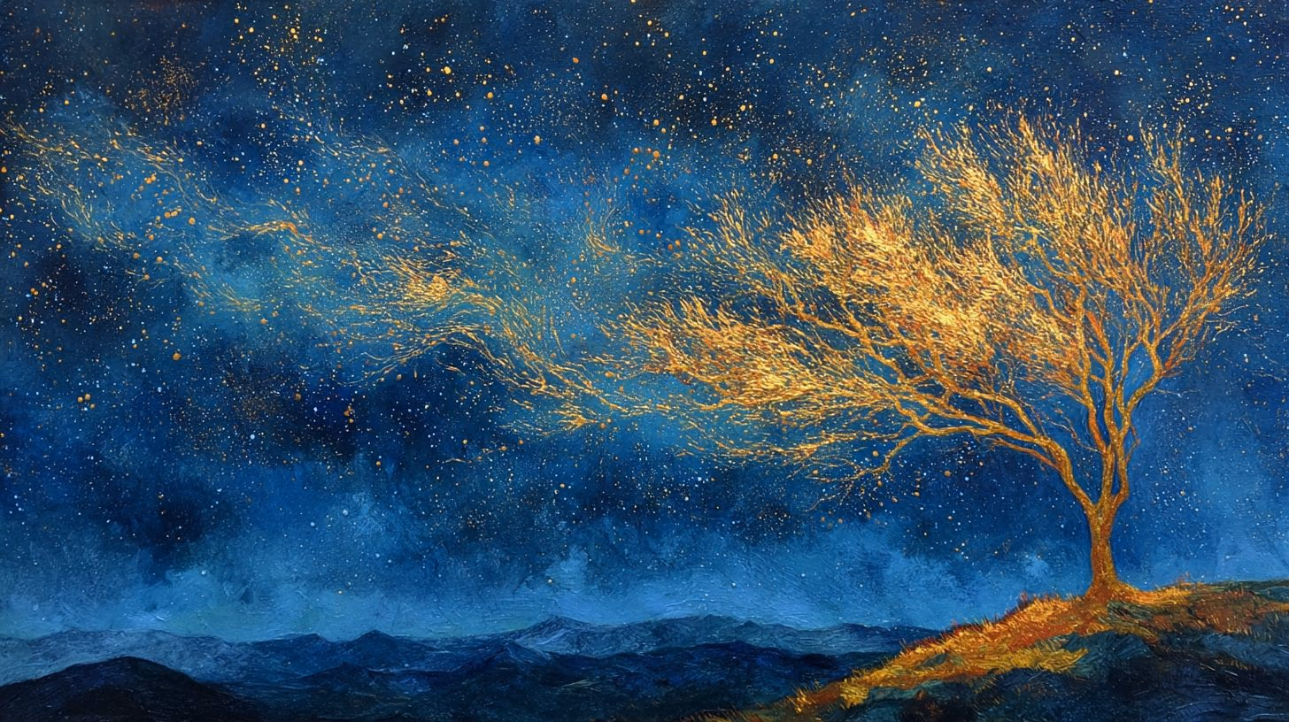 A solitary golden tree of knowledge on a dark windswept rise beneath a vast night sky, its luminous branches reaching upward like filaments of light.