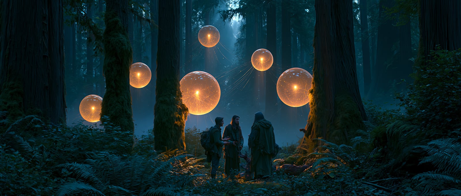 A painterly twilight forest clearing where three figures talk among mossy firs, with luminous translucent spheres of mind floating between them and fine beams of light passing from one sphere to the next.