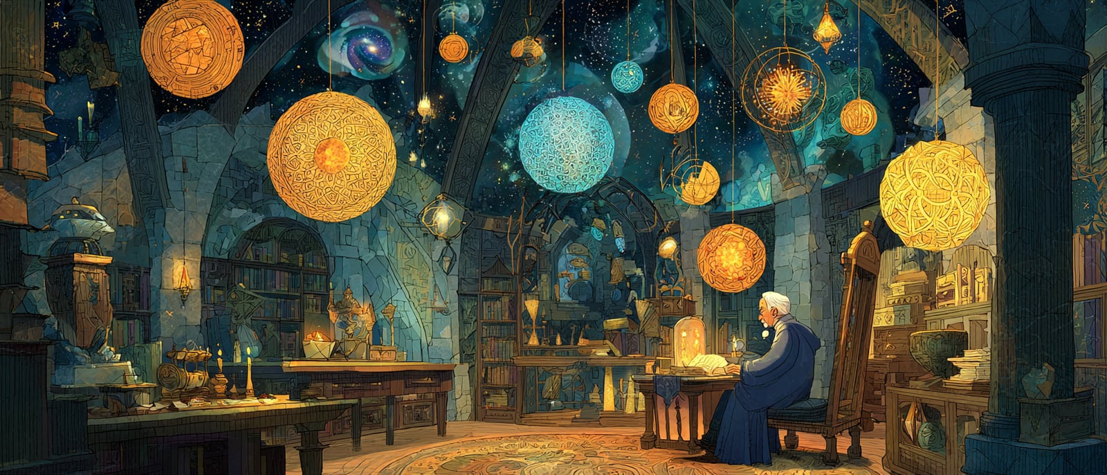 A candlelit medieval observatory chamber with a faint Arthurian air, a blue-robed wizard-scholar at a round oak table before a candle, an hourglass, and a microphone, surrounded by a dozen floating glowing orbs each holding a different cosmology, some blazing gold and others pale and ghostly, as if being weighed.
