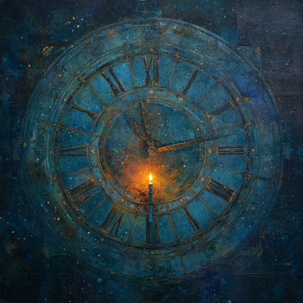 A painterly antique clock whose hands unspool into glowing concentric rings of cyclical motion, the dial fading at its edges into a faint spacetime lattice.