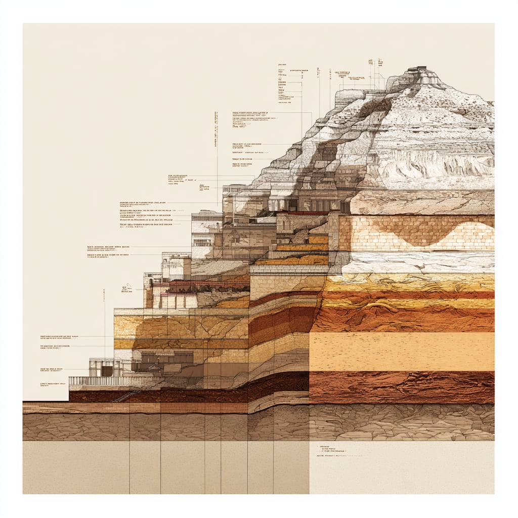 A clean cross-section diagram of the tell of Megiddo showing roughly twenty superimposed city layers from the early Bronze Age up through Roman levels.