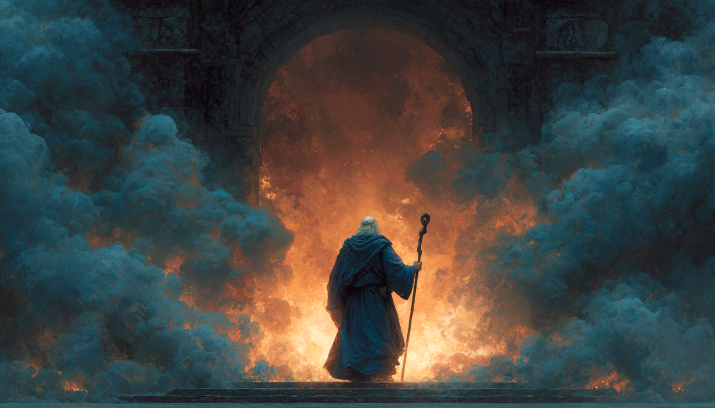 A blue-robed wizard walking from a dark stone chamber into dawn while smoky whispering shadows dissolve behind him.