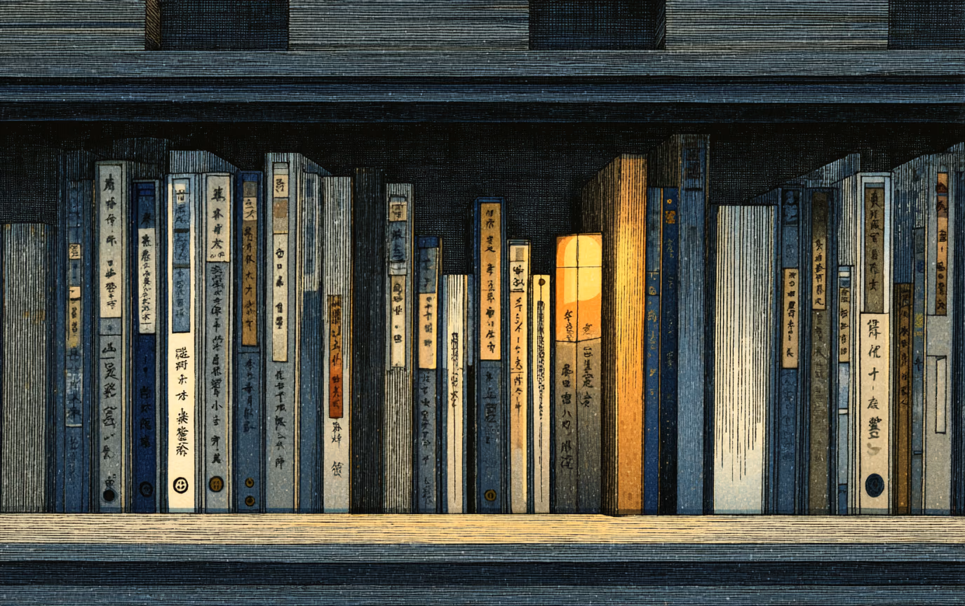 A woodblock print of a shelf of upright bound volumes in indigo and grey, seen straight on, with one spine near the centre lit warm orange as though catching the last of the light.