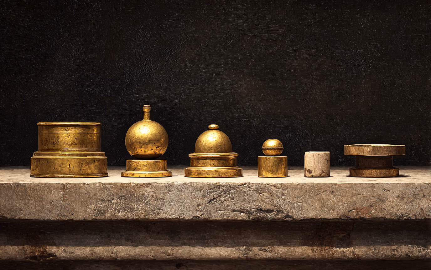 A tenebrist still life of six brass calibration weights of descending size standing in a row on a bare stone ledge, lit from the left against a black ground.