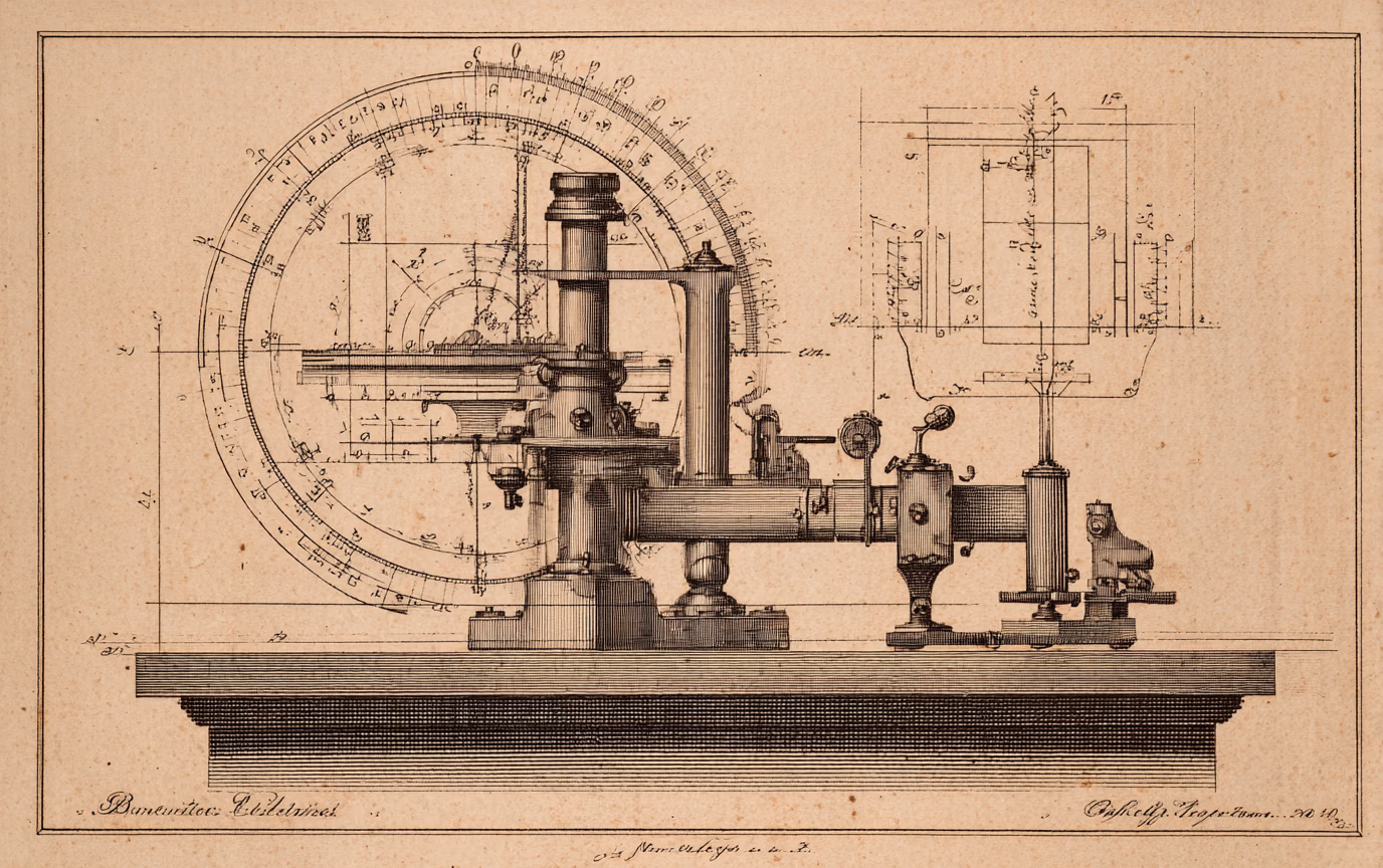 An eighteenth century engraved plate of a precision measuring instrument on its bench, a large graduated dial at the left and a train of brass mountings running right, with construction lines and dimension marks ruled across aged foxed paper.