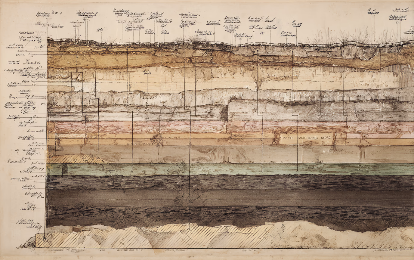 An archaeological section drawing: a vertical cut through many compressed strata in ochre, umber and pale green, each band hatched differently and tied by fine leader lines to handwritten annotations ranged down the left margin and across the top.
