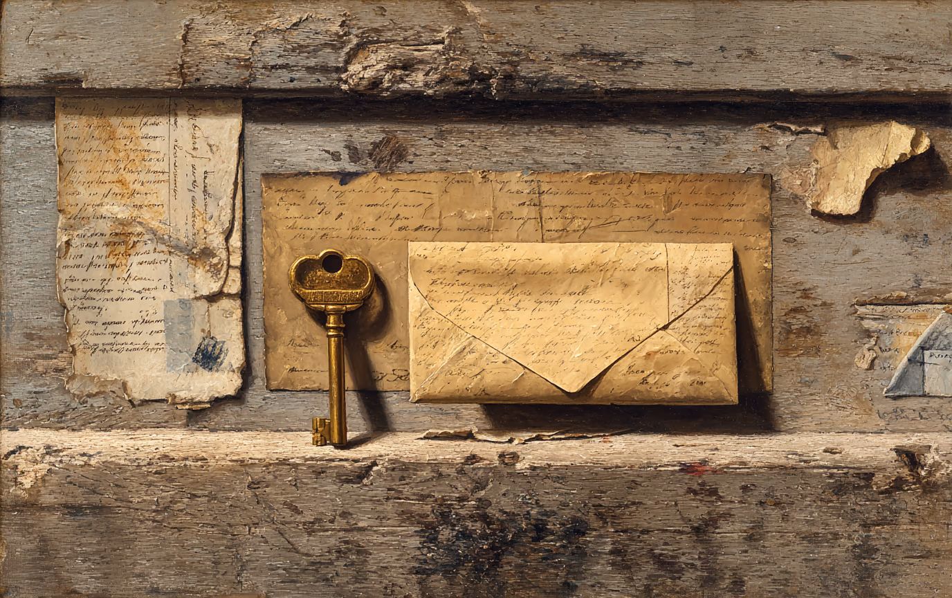 A trompe l'oeil painting of a brass key and handwritten letters pinned to a weathered plank wall, rendered at life size in raking light.