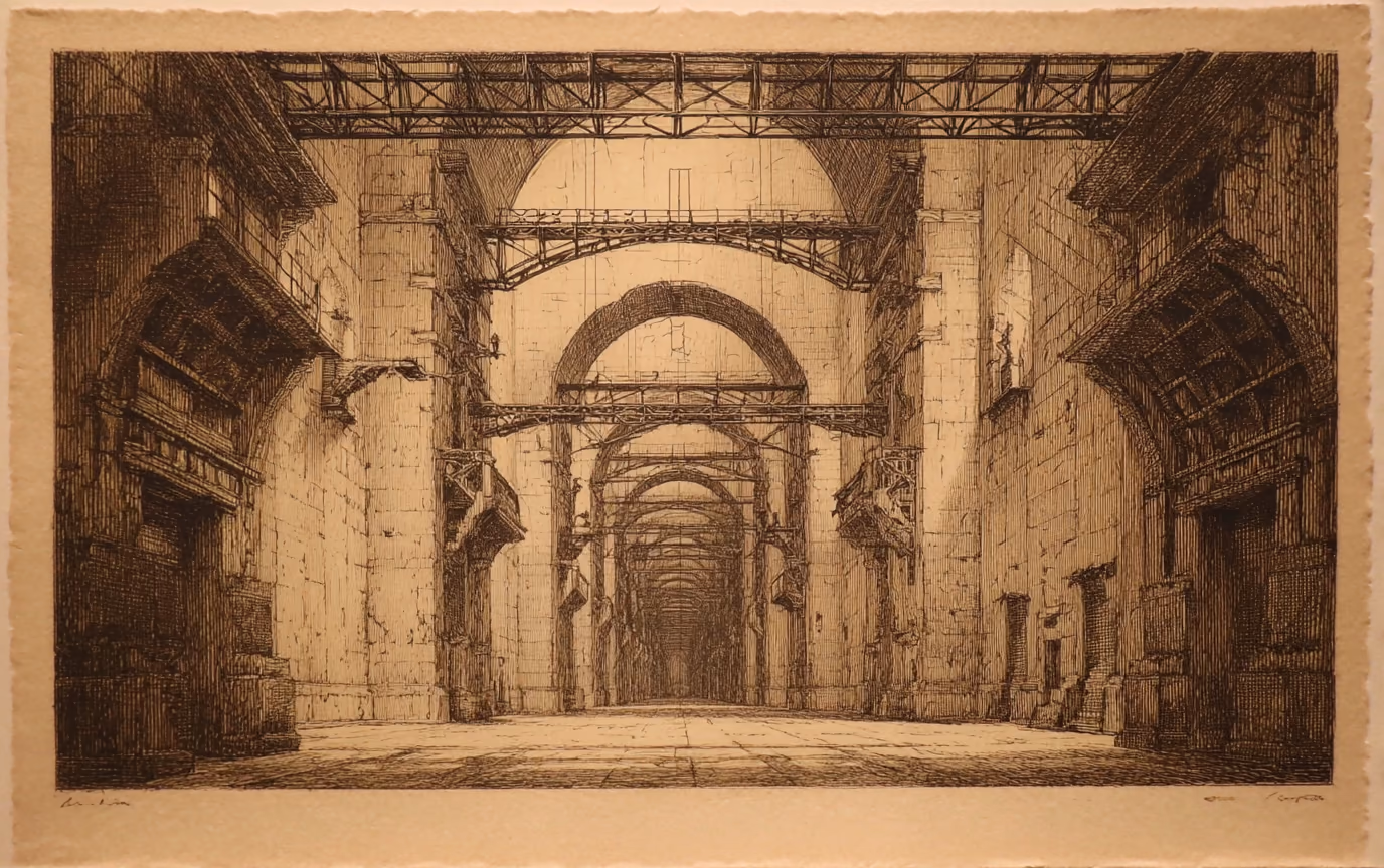 A sepia architectural etching of a vast vaulted hall receding into darkness, arch after arch crossed by scaffolding, printed on aged paper with a visible plate mark.