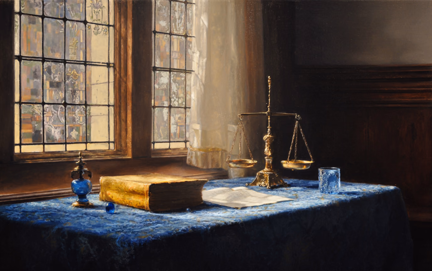 A Dutch golden age interior: a heavy gilt-edged ledger and a set of brass balance scales on a blue velvet table, lit from a tall leaded window on the left, the panelled room behind falling into shadow.